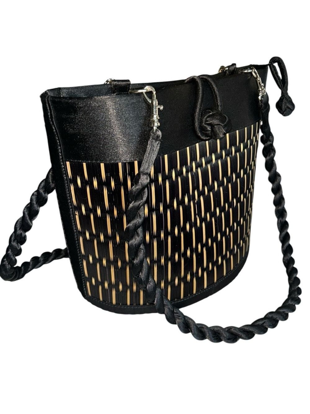 Baskets of Cambodia Woven Basket Shoulder Bag  Satin Trim and Rope Handles